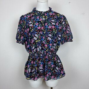 Catherine Malandrino Top Womens Petite Large Ditsy Floral Blouse Peplum Keyhole